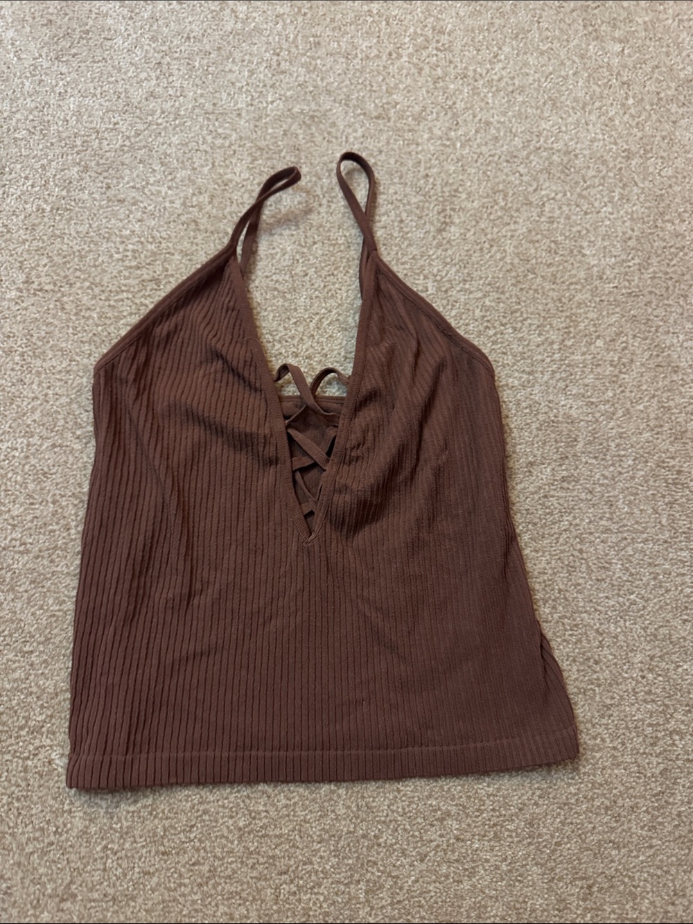Ribbed Lace-Up Brown Cami Tank Top